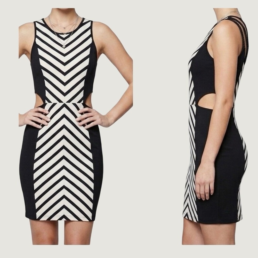 Arden B. Black & Off-White Sleeveless Bodycon Geometric Chevron Sheath Dress